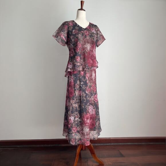 90s VTG Fairy Grunge Whimsigoth 2-pc Maxi Skirt Set 8 Pink Floral Asymmetric - Picture 1 of 16